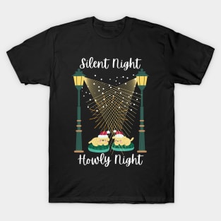 Silent Night Howly Night Two Puppies with Christmas Hat T-Shirt